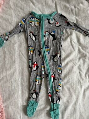 Little Sleepies Gray Penguin Footed One-Piece Pajamas with Mint Trim